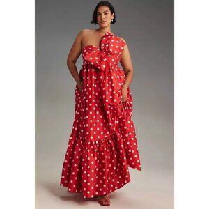Anthropologie Red and White Polka Dot One-Shoulder Maxi Dress